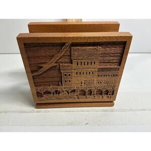Vintage American Walnut Laser Engraved Letter Holder Desk Organizer Pier Scene